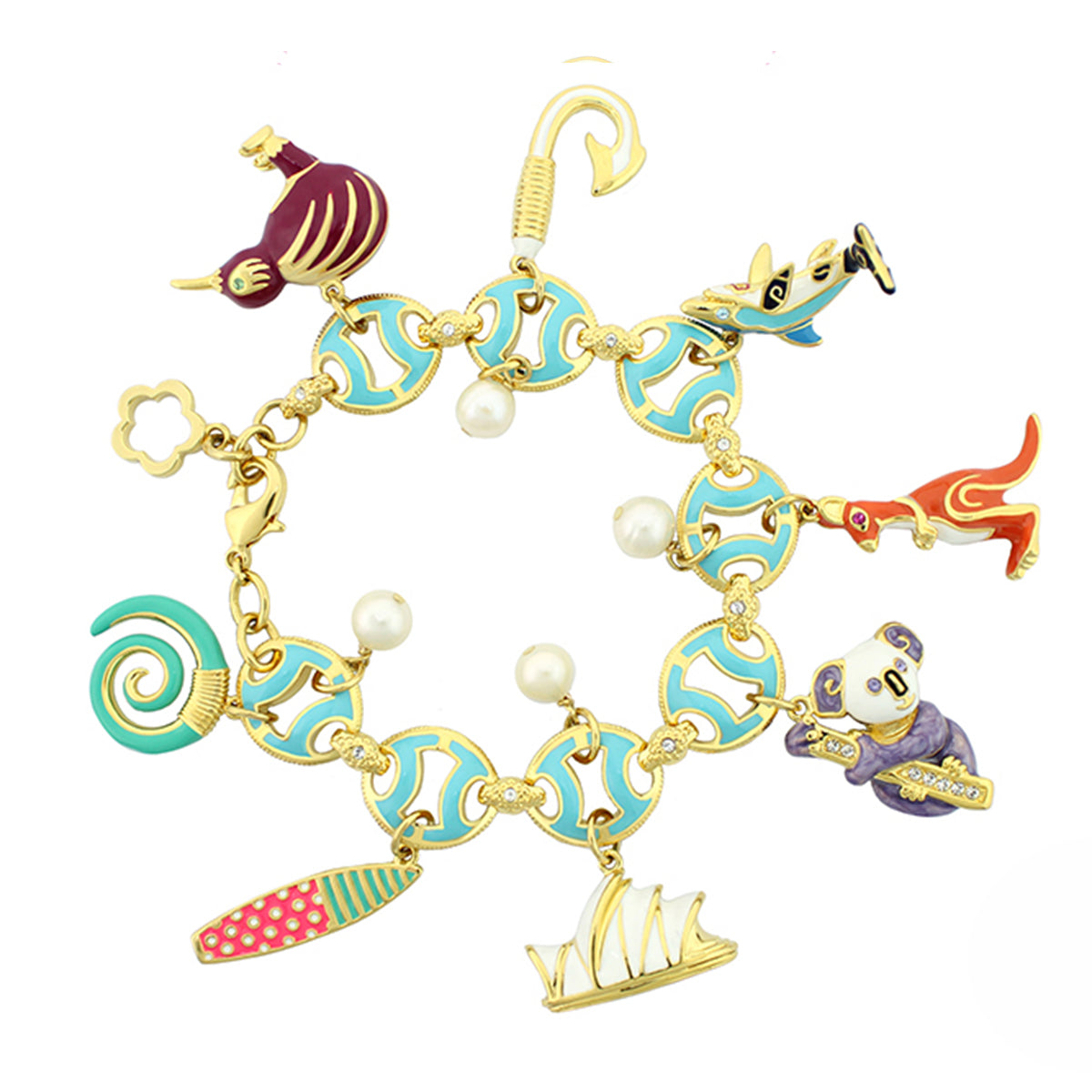 Eau Australian charm bracelet turquoise enamel linked discs with ship airplane panda charms on Tampa Home & Garden Store