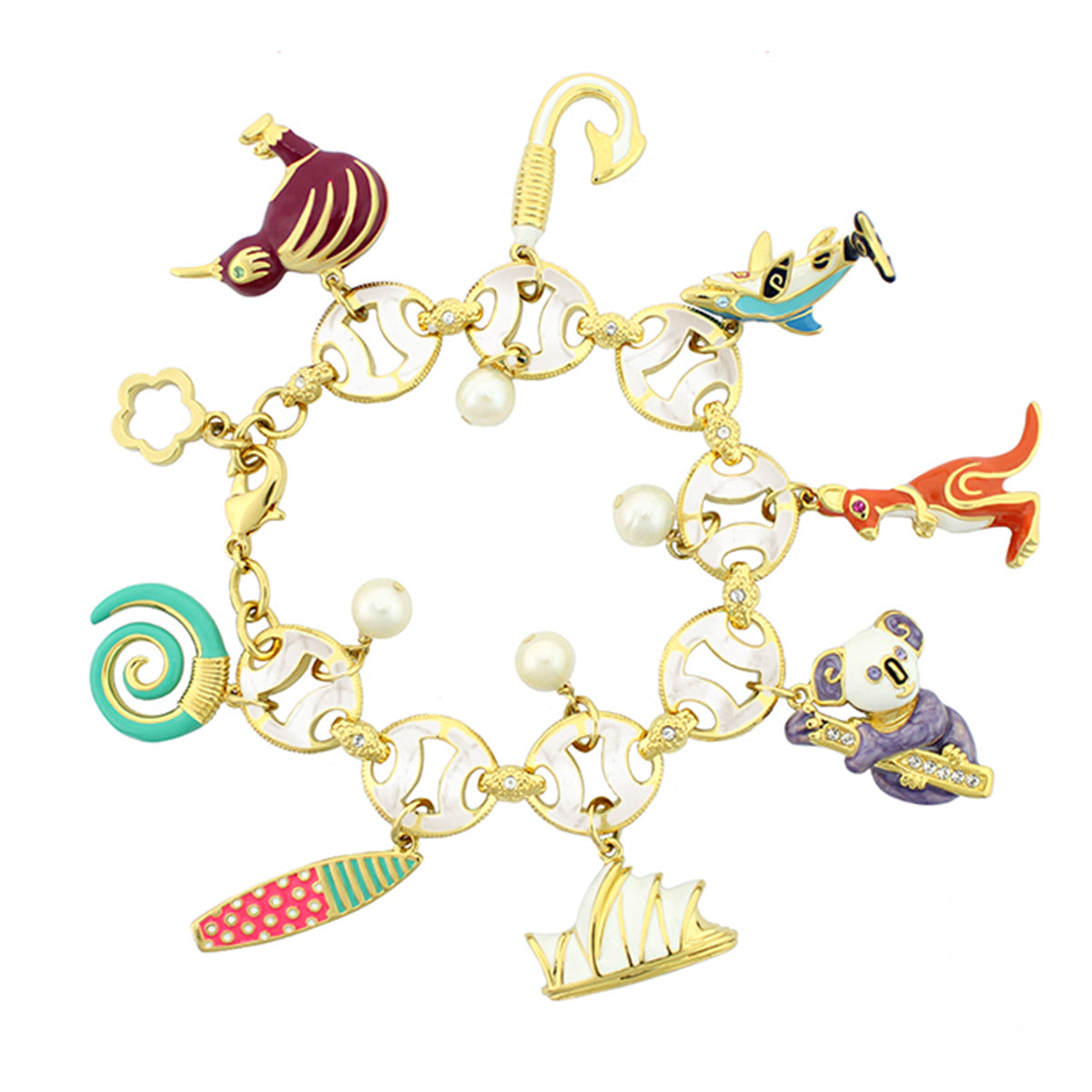 Eau Australian Charm Bracelet by Lauren G Adams, gold-tone with enamel ship and plane charms on Tampa Home & Garden Store
