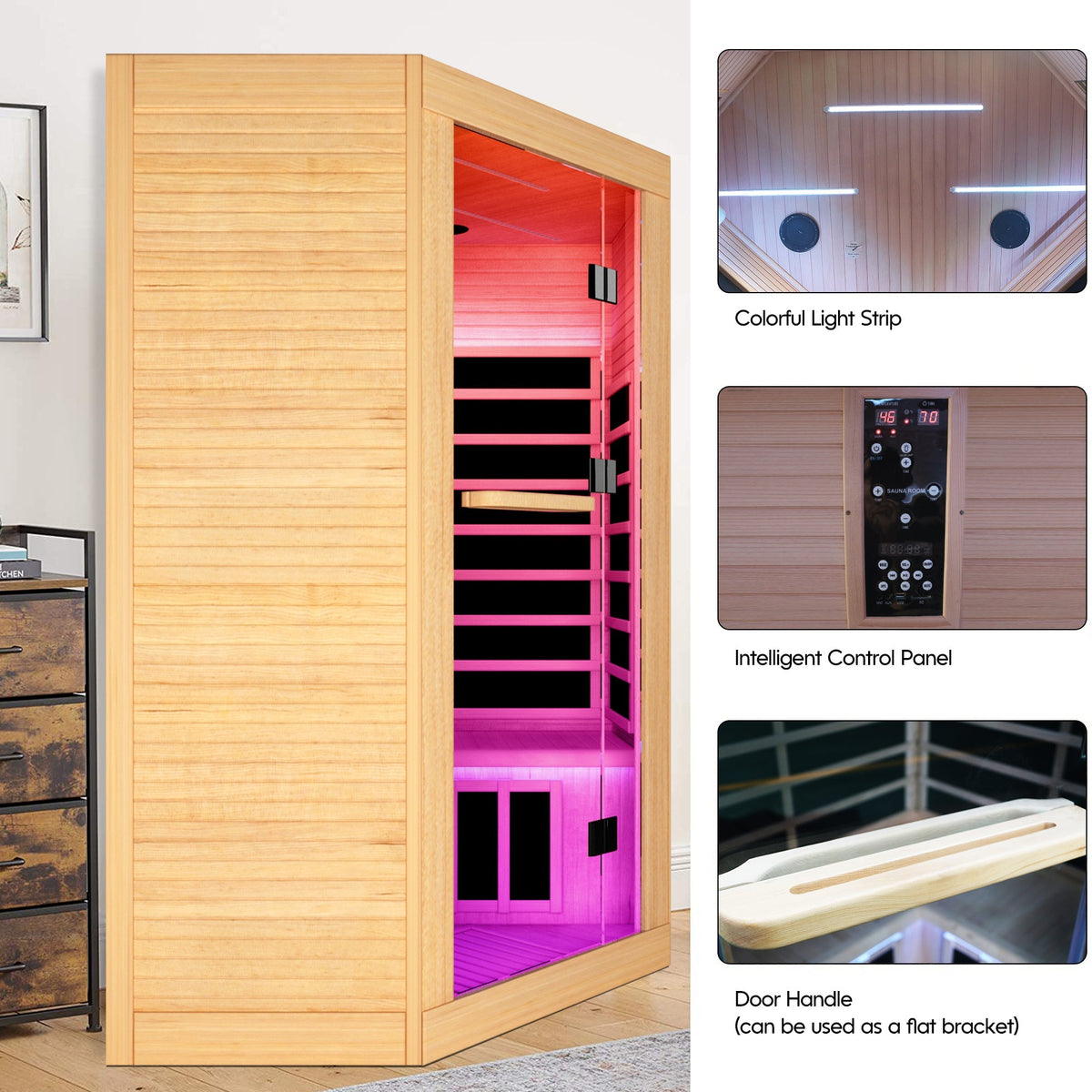 Canadian Hemlock Double Sauna Bluetooth LED lights natural/graphite finish pink light on Tampa Home & Garden Store