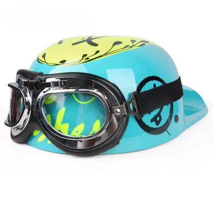 Vintage Half Motorcycle Helmet with turquoise color and chrome goggles on Tampa Home & Garden Store