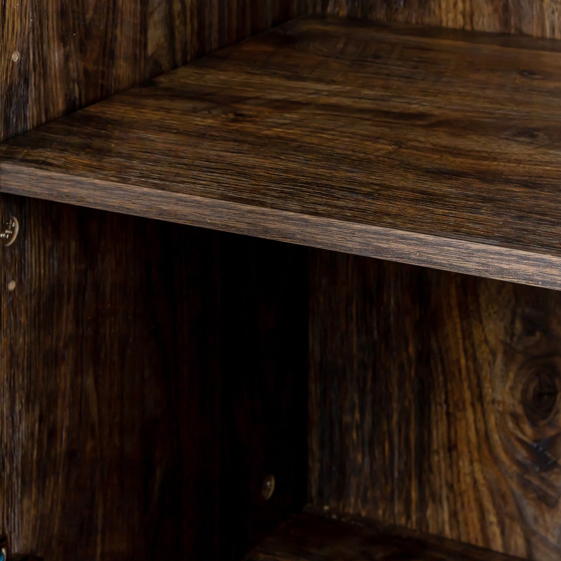 Dark wood cabinet interior with shelves and visible shelf pins for a freestanding sideboard on Tampa Home & Garden Store