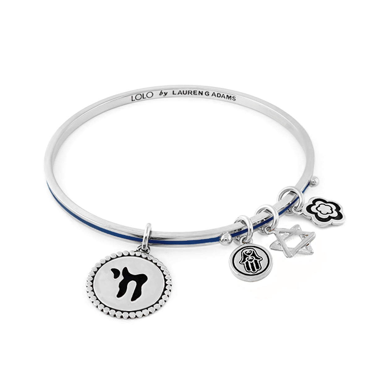 Lolo Chai non adjustable silver bangle by Lauren G Adams with blue inner stripe and mixed charms on Tampa Home & Garden Store