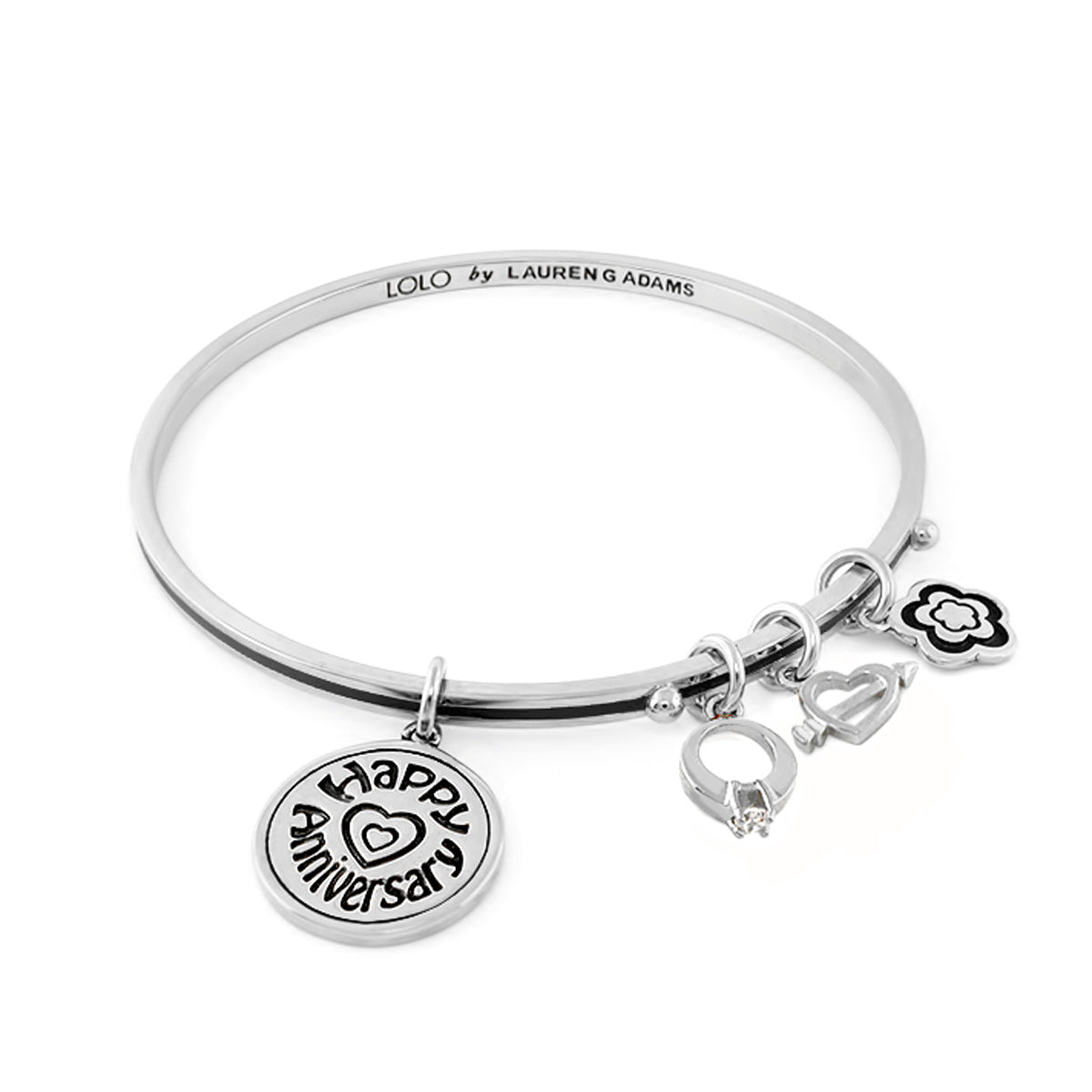 Lolo Happy Anniversary non-adjustable silver bangle with disc and heart charms by Lauren G Adams on Tampa Home & Garden Store