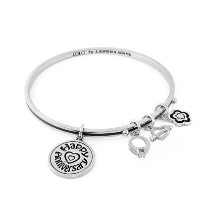 Lolo Happy Anniversary non-adjustable silver bangle with disc and heart charms by Lauren G Adams on Tampa Home & Garden Store
