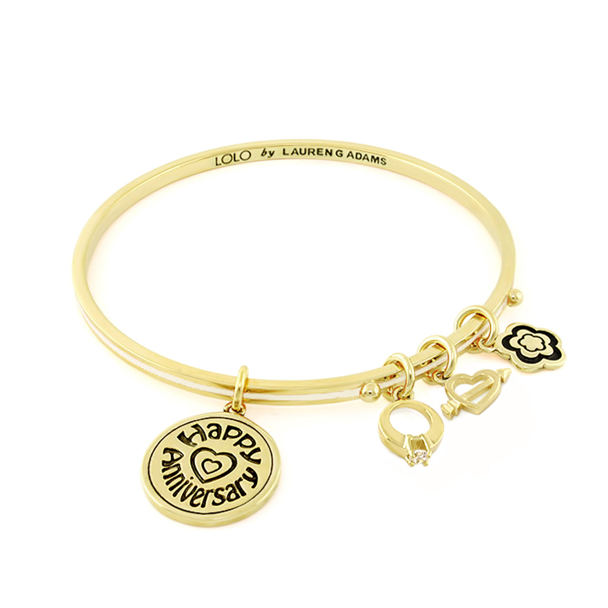 Gold-tone Lolo bangle with four charms: disk, ring, heart, clover LOLO by LAUREN G ADAMS on Tampa Home & Garden Store