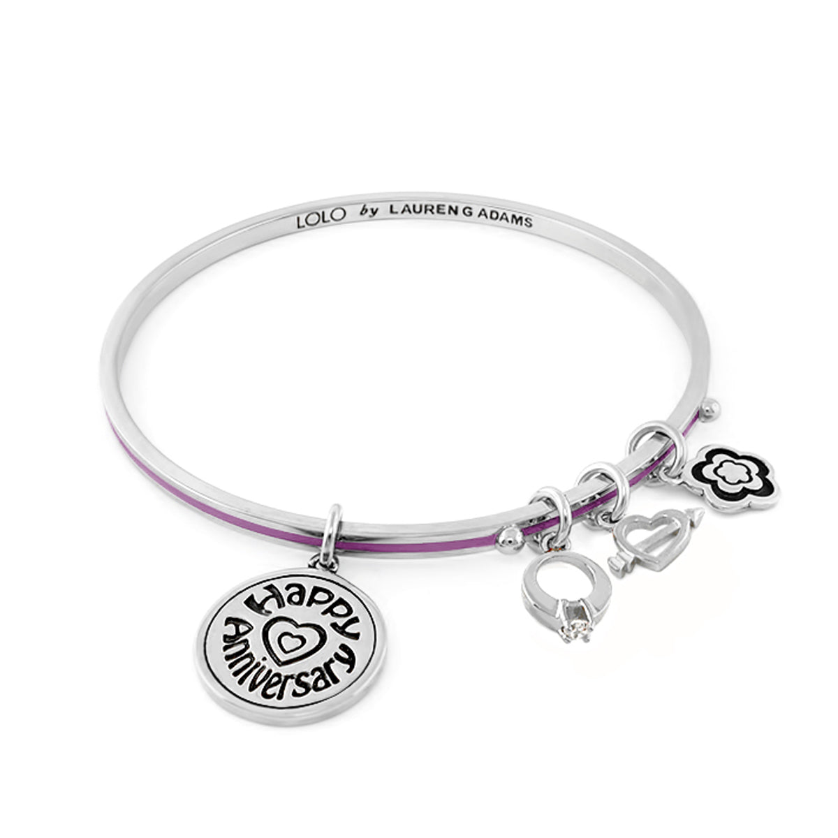 Lolo Happy Anniversary non adjustable bangle by Lauren G Adams with purple stripe and 5 charms on Tampa Home & Garden Store
