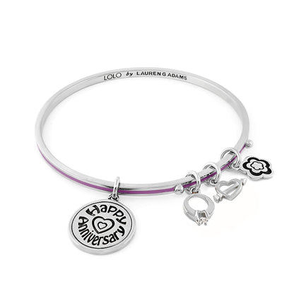 Lolo Happy Anniversary non adjustable bangle by Lauren G Adams with purple stripe and 5 charms on Tampa Home & Garden Store
