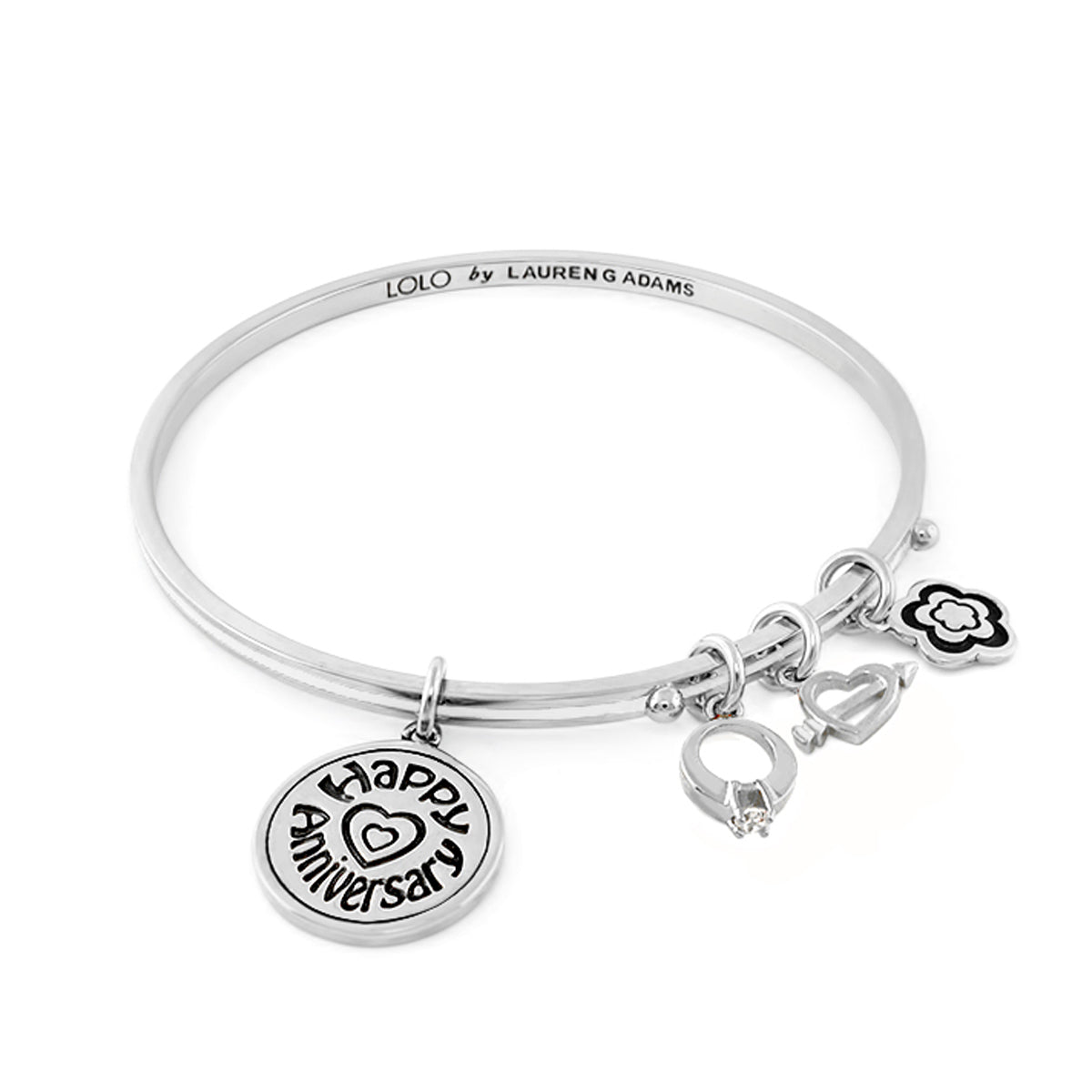 Lolo Happy Anniversary silver bangle with disc charm and heart flower ring charms Lauren G Adams on Tampa Home & Garden Store