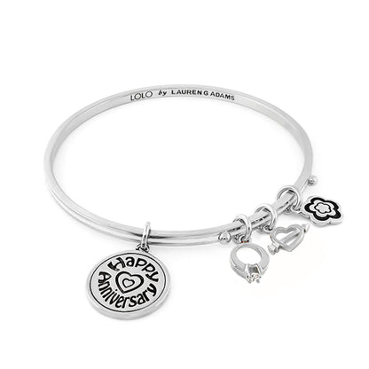Lolo Happy Anniversary silver bangle with disc charm and heart flower ring charms Lauren G Adams on Tampa Home & Garden Store
