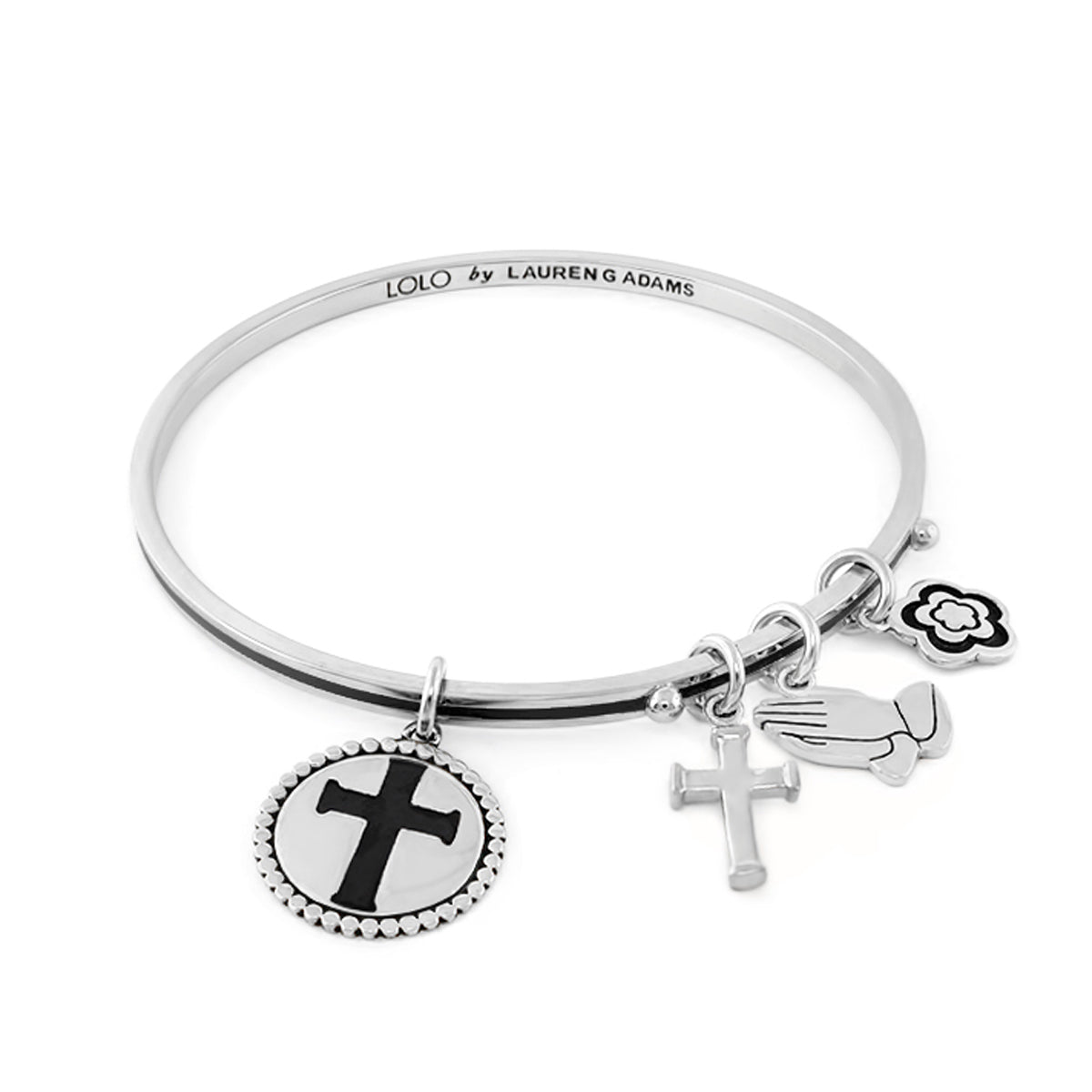 Lolo Cross Bangle silver with 4 charms: cross medallion, praying hands, clover, cross on band on Tampa Home & Garden Store