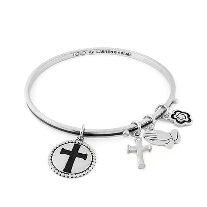 Lolo Cross Bangle silver with 4 charms: cross medallion, praying hands, clover, cross on band on Tampa Home & Garden Store