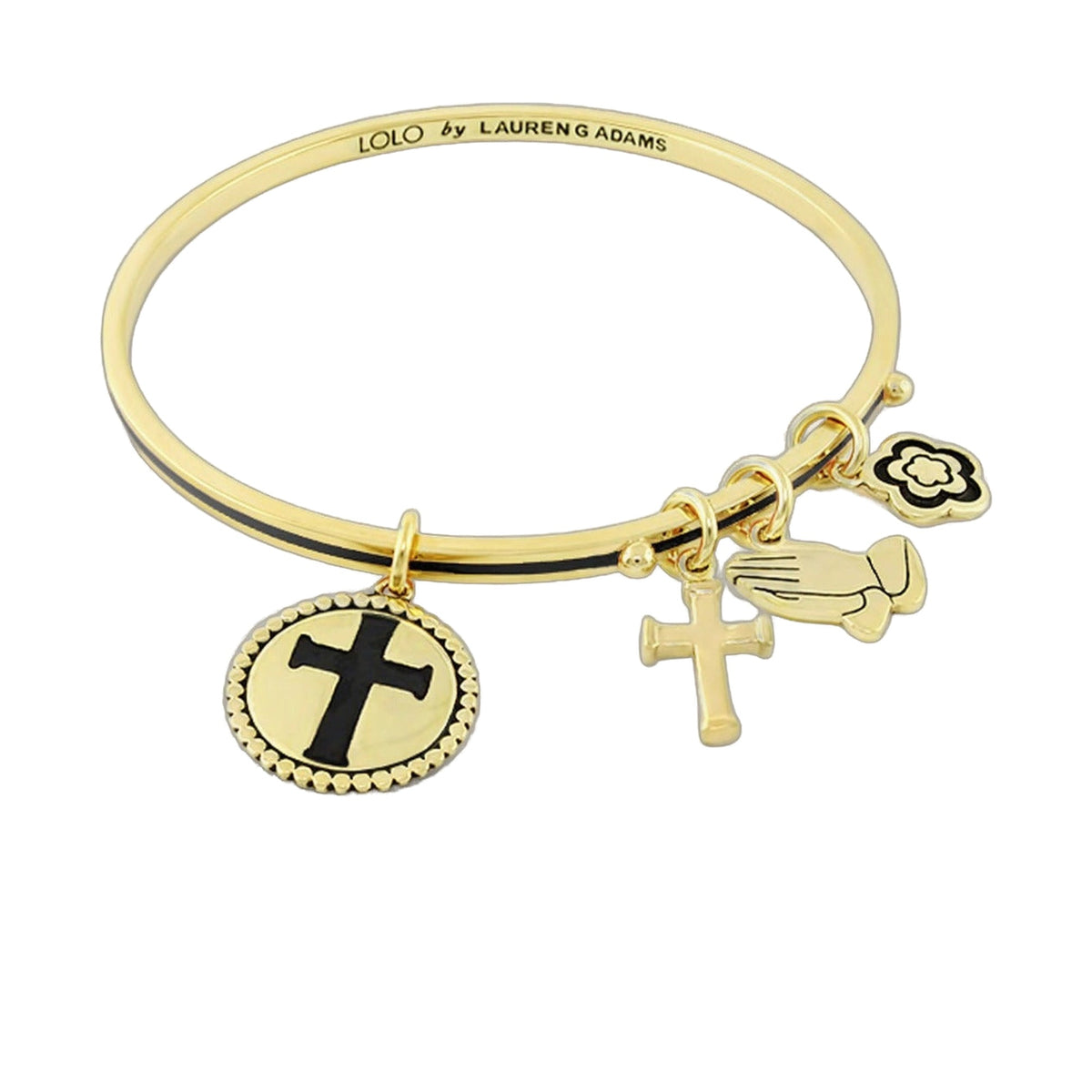 Lolo Cross Non Adjustable Bangle by Lauren G Adams gold bracelet with cross and floral charms on Tampa Home & Garden Store
