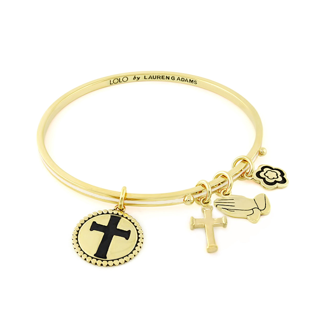 Gold-tone Lolo Cross Bangle by Lauren G Adams with 4 charms featuring a cross medallion on Tampa Home & Garden Store
