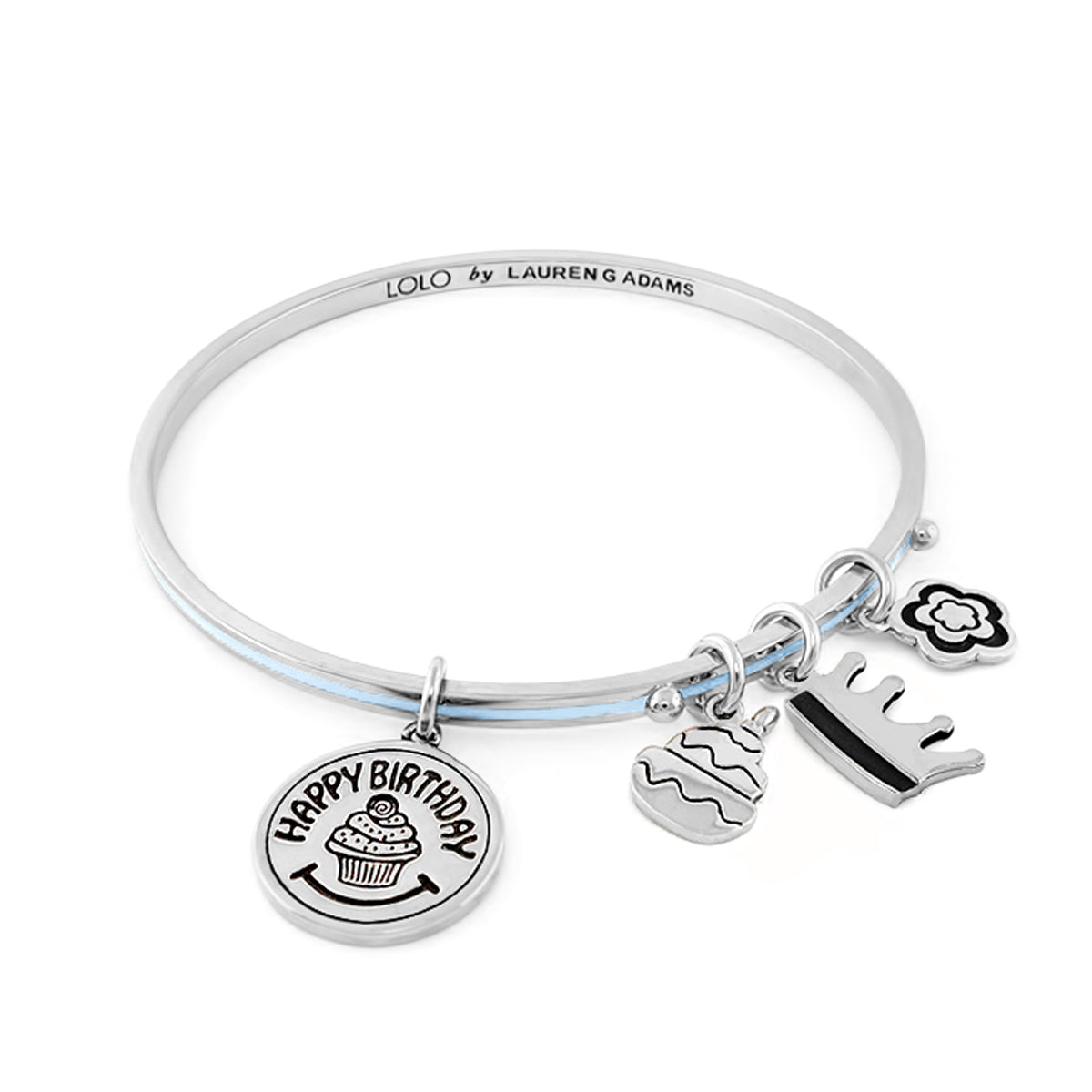 LOLO Happy Birthday Non Adjustable Bangle by Lauren G Adams silver-tone bracelet with 4 charms on Tampa Home & Garden Store