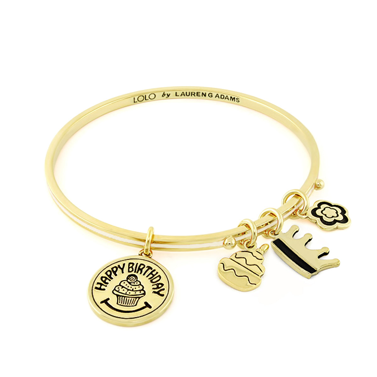 Gold Lolo Birthday non adjustable bangle bracelet by Lauren G Adams with cupcake crown charms on Tampa Home & Garden Store