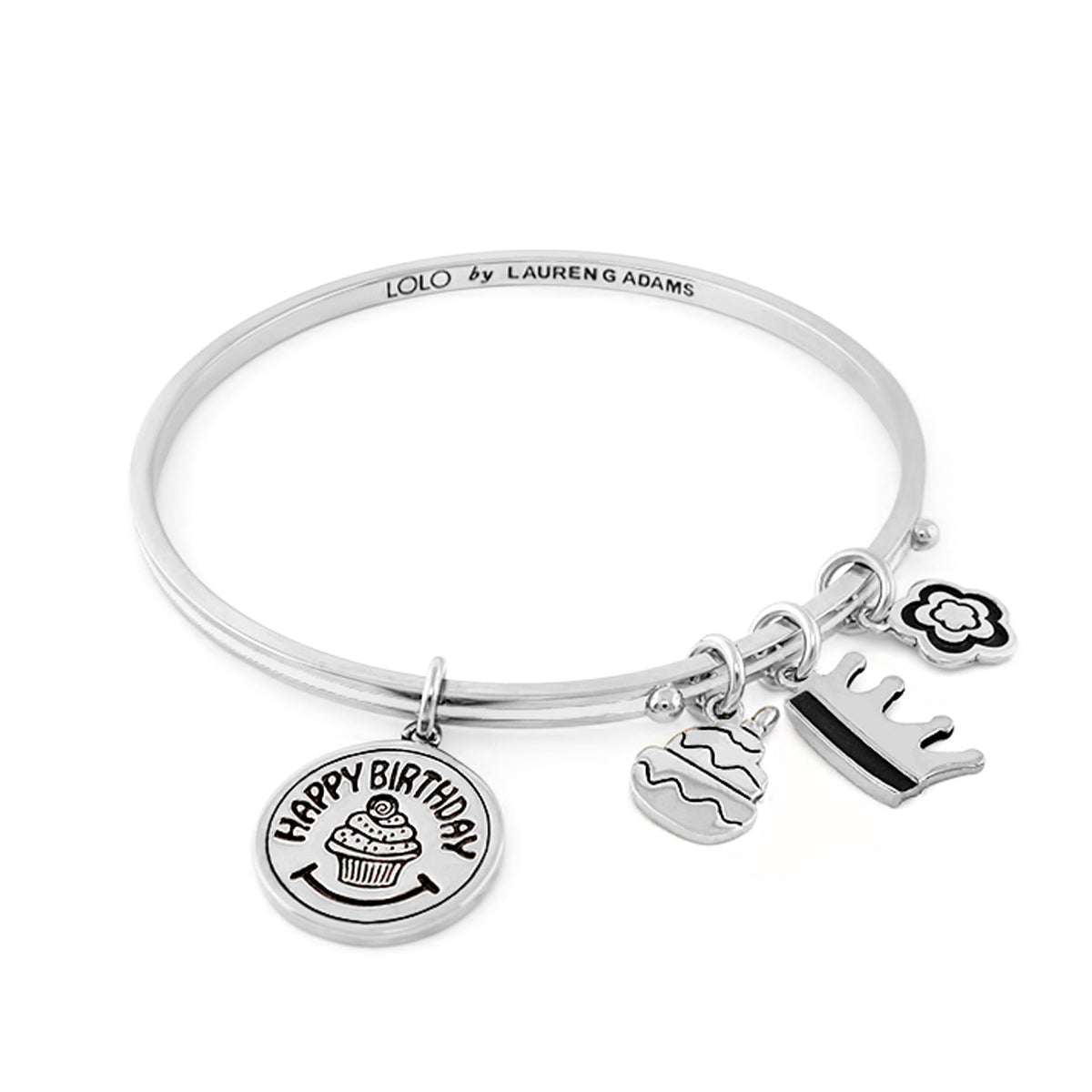 Lolo Happy Birthday Non Adjustable Bangle by Lauren G Adams, silver bracelet with four charms on Tampa Home & Garden Store