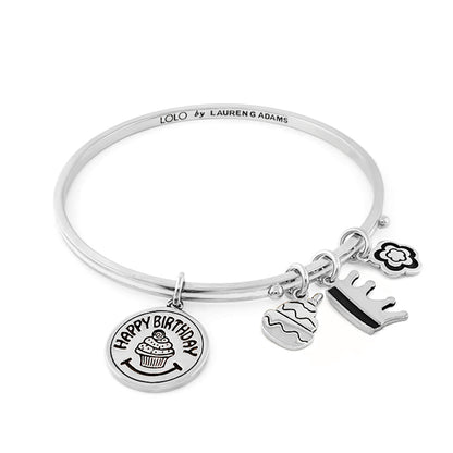 Lolo Happy Birthday Non Adjustable Bangle by Lauren G Adams, silver bracelet with four charms on Tampa Home & Garden Store