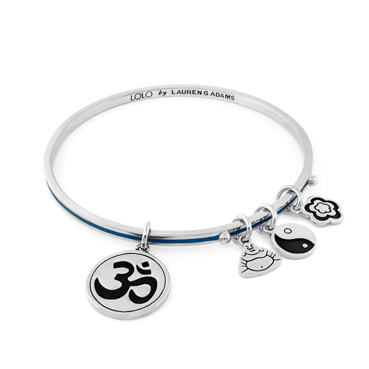 Lolo Ohm non adjustable bangle by Lauren G Adams with Om, yin-yang, heart, flower charms on Tampa Home & Garden Store
