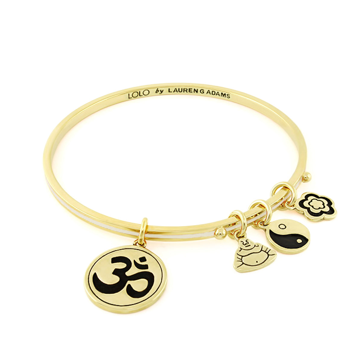 Gold-tone Lolo Ohm bangle with four charms Om disc, yin-yang, heart and flower by Lauren G Adams on Tampa Home & Garden Store