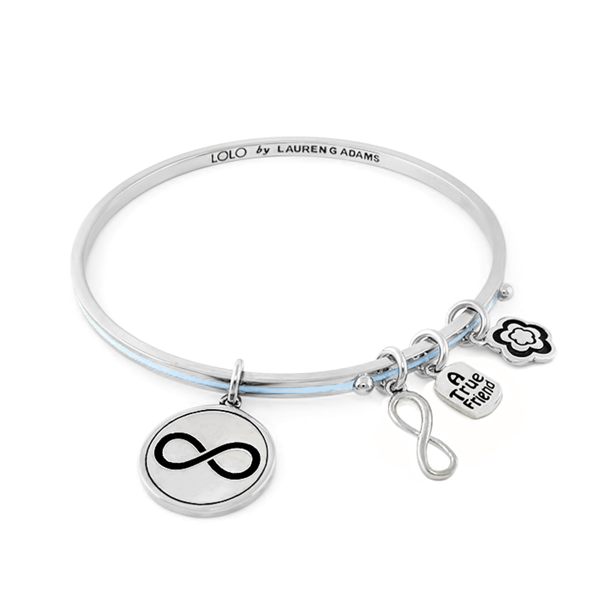 silver Lolo Infinity nonadjustable bangle Lauren G Adams 4 charms: infinity disc, A True Friend tag on Tampa Home & Garden Store