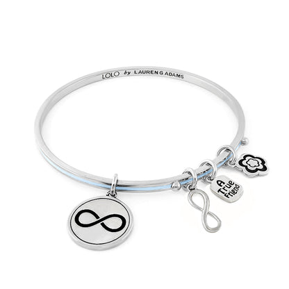 silver Lolo Infinity nonadjustable bangle Lauren G Adams 4 charms: infinity disc, A True Friend tag on Tampa Home & Garden Store