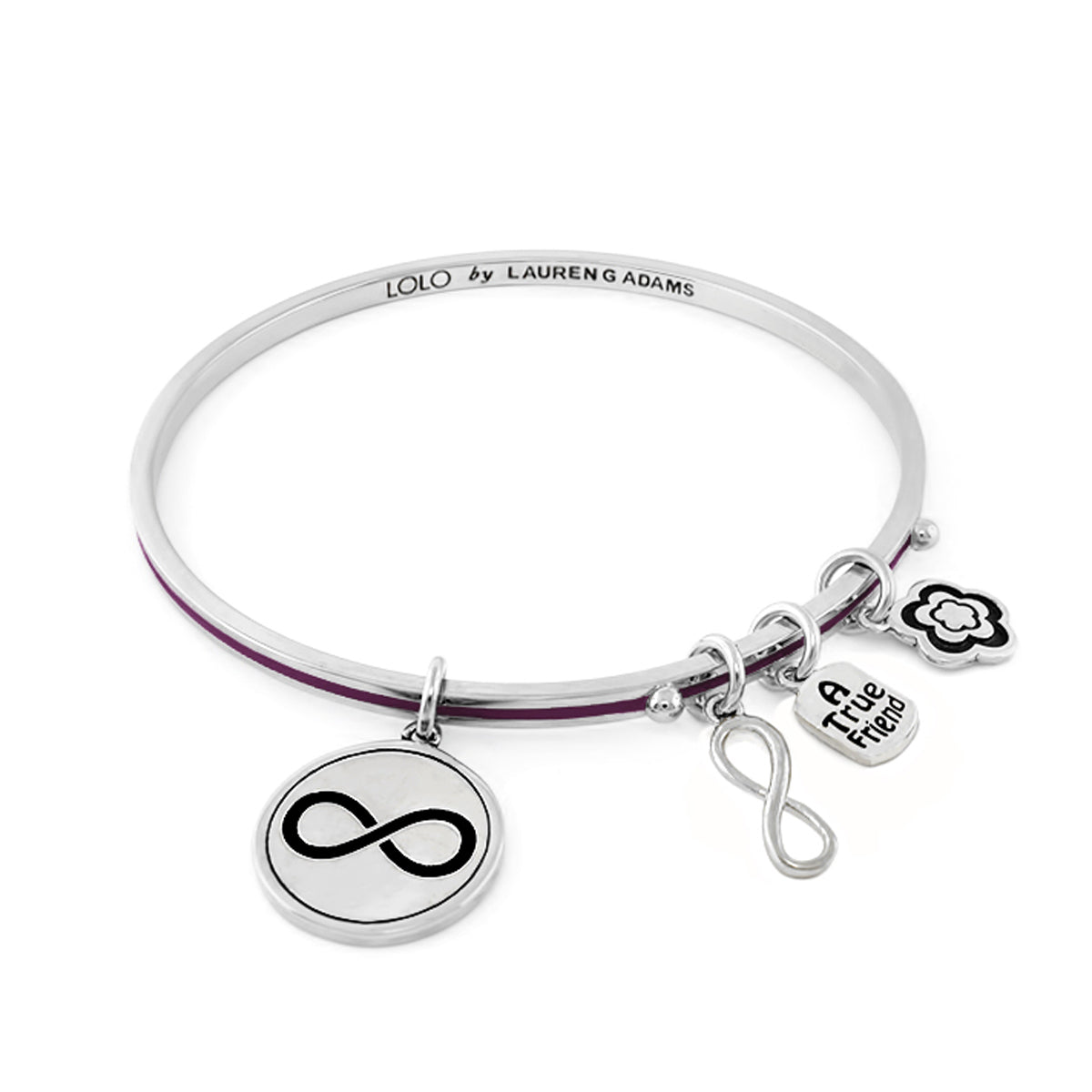 Lolo Infinity Bangle by Lauren G Adams, silver with accent, infinity charm and friend-tag charms on Tampa Home & Garden Store