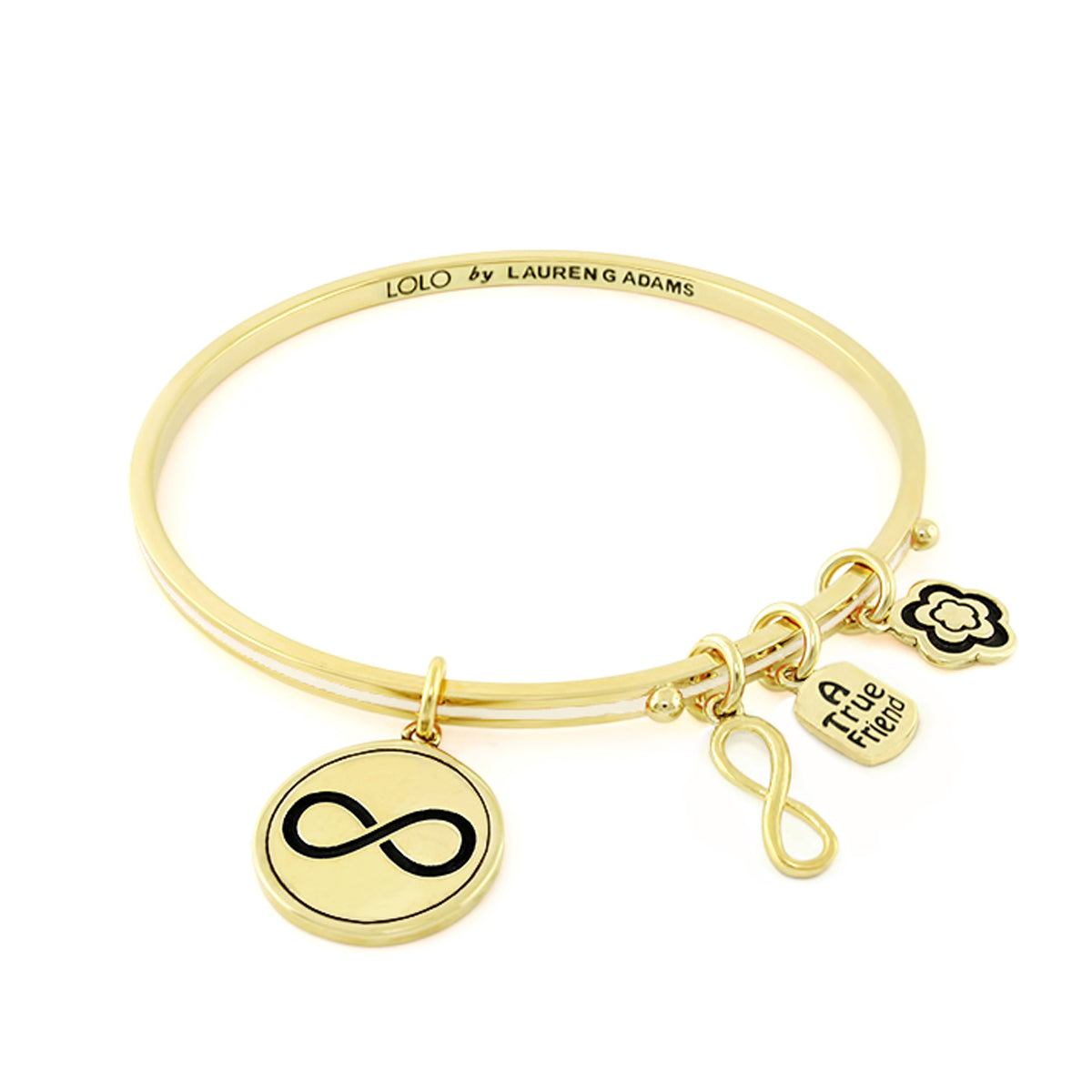 Gold tone LOLO Infinity Bangle by Lauren G Adams with 4 charms: infinity disc, True Friend tag on Tampa Home & Garden Store