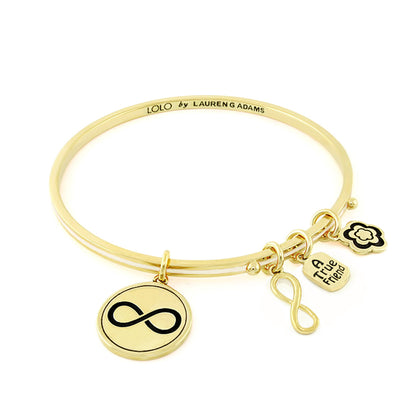 Gold tone LOLO Infinity Bangle by Lauren G Adams with 4 charms: infinity disc, True Friend tag on Tampa Home & Garden Store