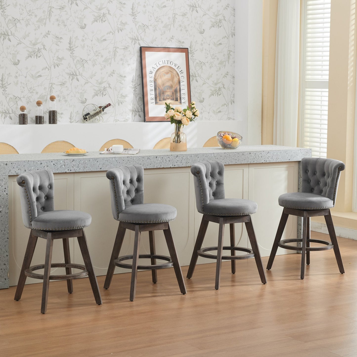 HouseOfZazla 26-inch Counter Height Bar Stools set of 2, gray velvet upholstery, 360° swivel on Tampa Home & Garden Store