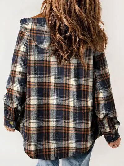 Plaid Snap Down Plush Hooded Jacket Women Warm