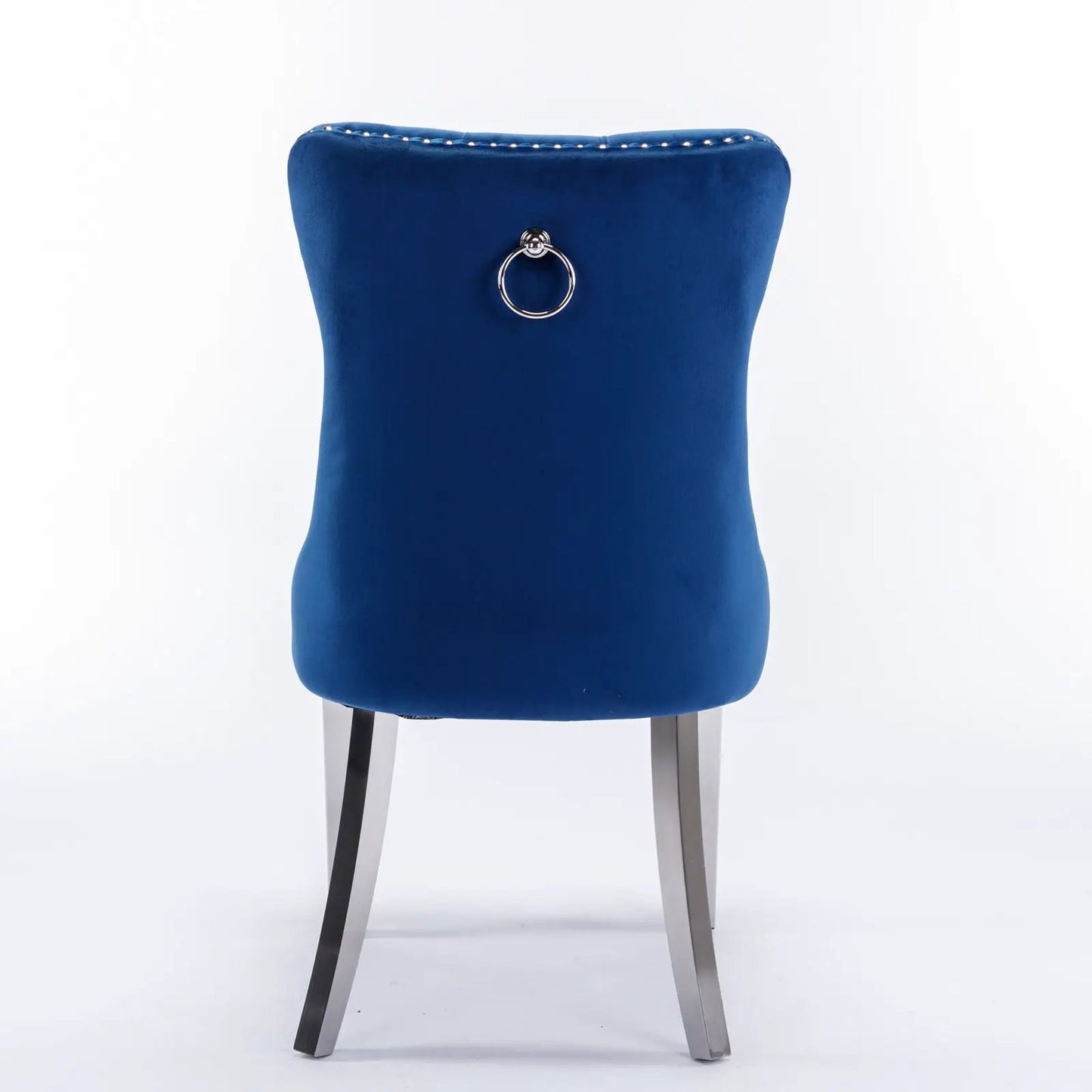 Nikki contemporary upholstered dining chair set of 2 in blue velvet with rear silver ring pull and nailhead trim on Tampa Home & Garden Store