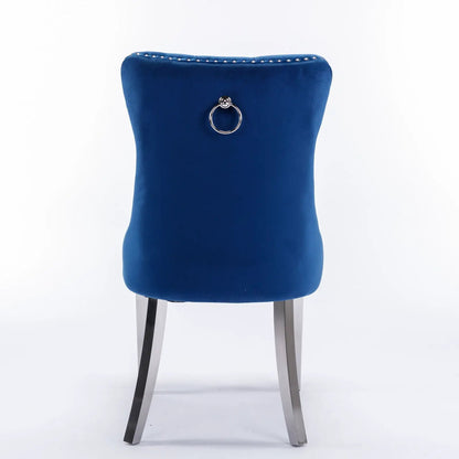 Nikki contemporary upholstered dining chair set of 2 in blue velvet with rear silver ring pull and nailhead trim on Tampa Home & Garden Store