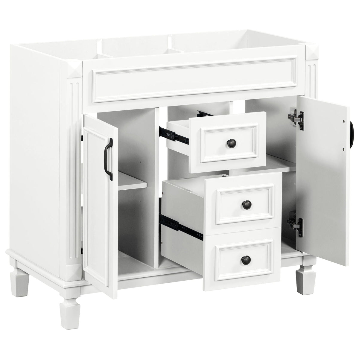 Bathroom vanity cabinet white finish with panel doors and soft-closing drawers, black knobs on Tampa Home & Garden Store