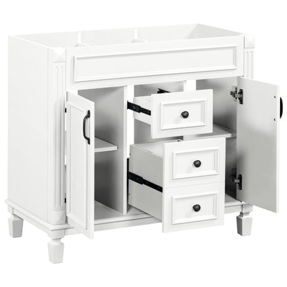Bathroom vanity cabinet white finish with panel doors and soft-closing drawers, black knobs on Tampa Home & Garden Store