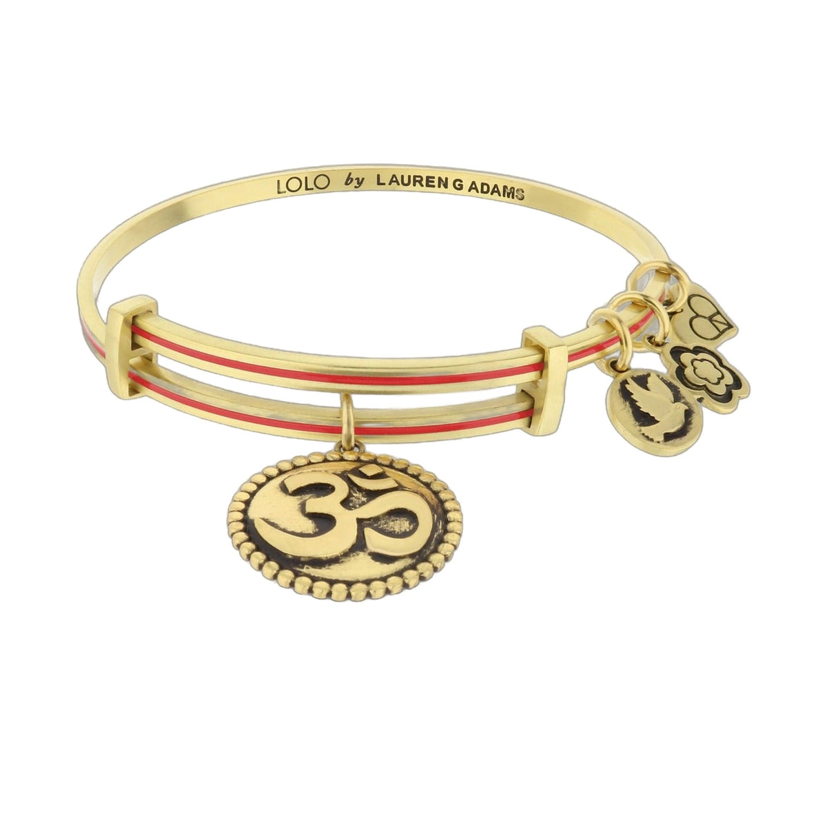 Lolo Ohm Bangle by Lauren G Adams, gold-tone triple-band with red enamel stripe and charms on Tampa Home & Garden Store
