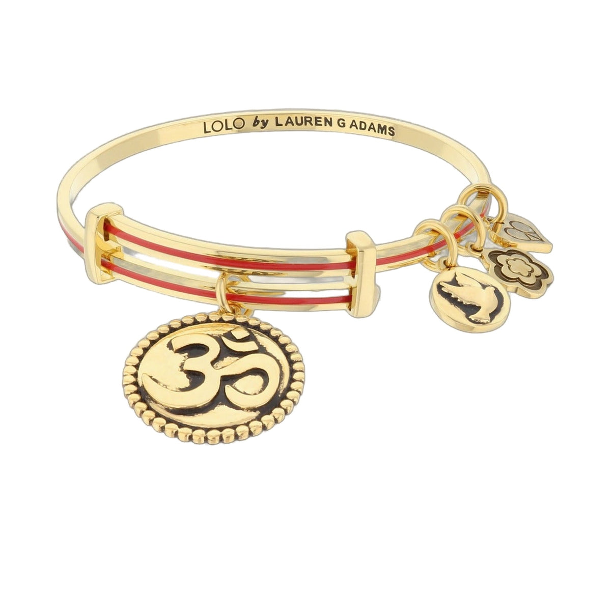 Lolo Ohm bangle by Lauren G Adams in gold-tone with red enamel stripe and charm pendants on Tampa Home & Garden Store