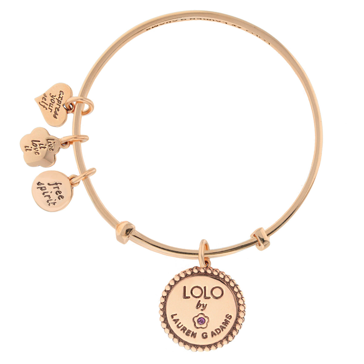 Lolo Ohm Bangle by Lauren G Adams rose gold bracelet with engraved heart and disc charms on Tampa Home & Garden Store