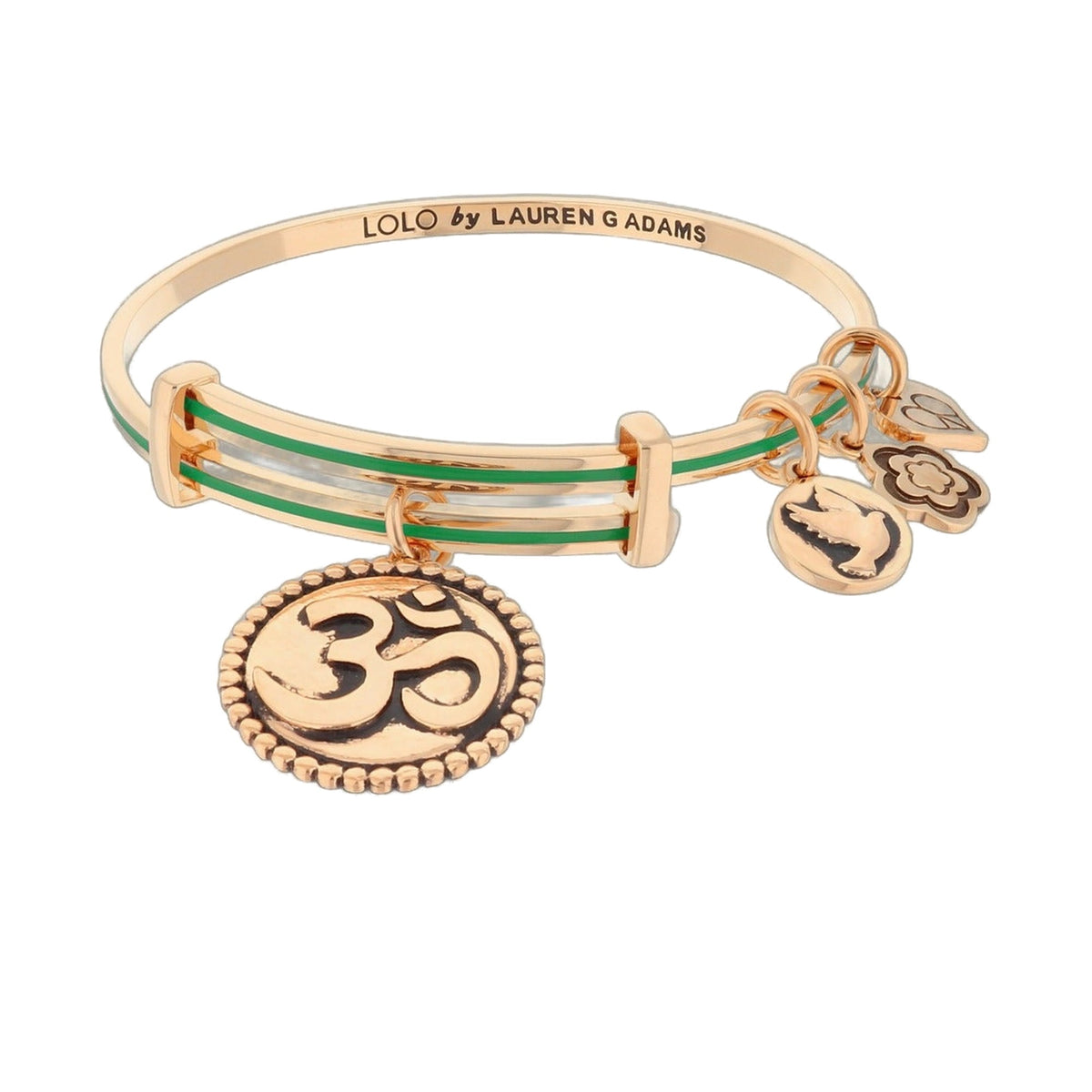 Lolo Ohm Bangle gold-tone bracelet by Lauren G Adams with green enamel stripe and hanging charms on Tampa Home & Garden Store