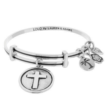 Lolo Cross Bangle by Lauren G Adams, silver bracelet with cross charm and floral disc charms on Tampa Home & Garden Store