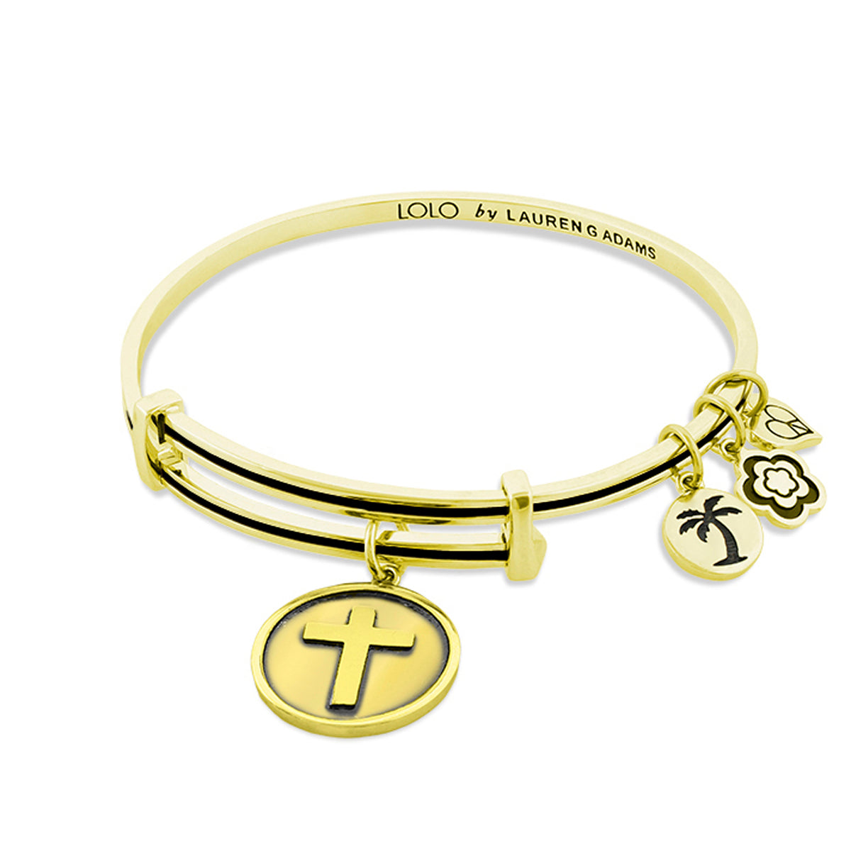 Lolo Cross Bangle gold-tone bracelet by Lauren G Adams with cross pendant and 4 charms on Tampa Home & Garden Store