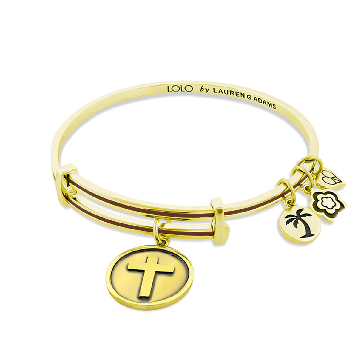 Gold-tone Lolo Cross Bangle by Lauren G Adams with cross pendant and palm tree charm on Tampa Home & Garden Store