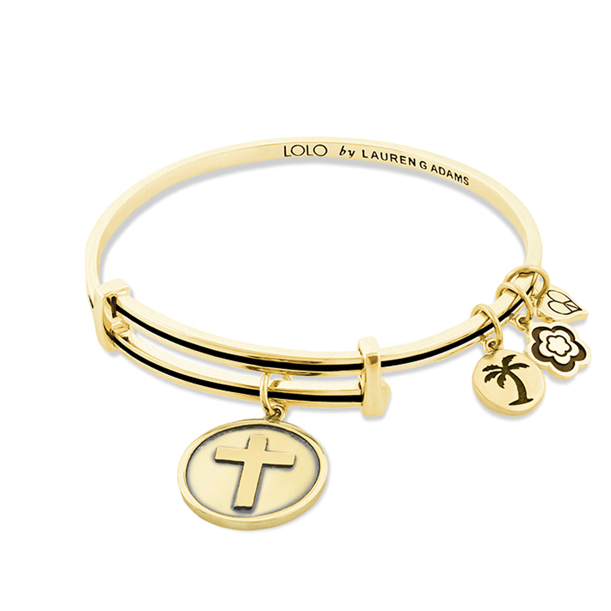 Gold-tone Lolo Cross Bangle by Lauren G Adams with cross pendant and palm tree and flower charms on Tampa Home & Garden Store