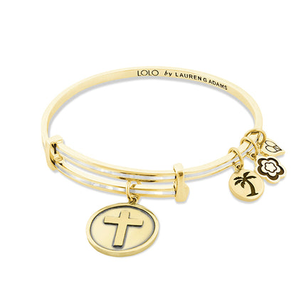 Lolo Cross Bangle bracelet by Lauren G Adams in gold-tone with cross, palm tree, flower charms on Tampa Home & Garden Store