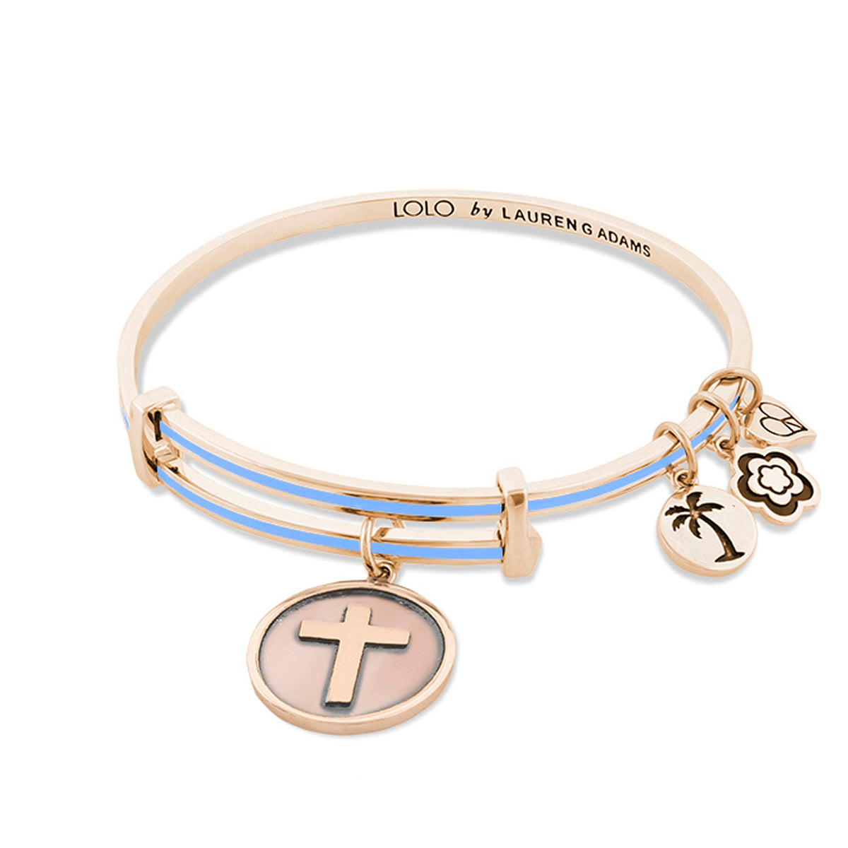 Lolo Cross Bangle in rose-gold with blue enamel bands and cross, palm tree and three charms on Tampa Home & Garden Store