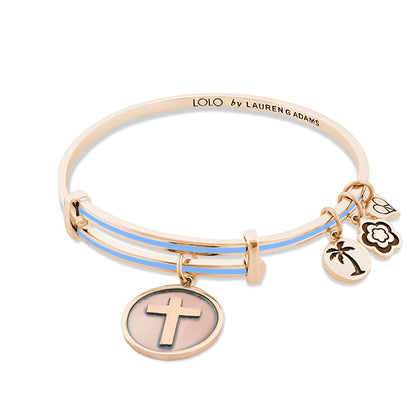 Lolo Cross Bangle in rose-gold with blue enamel bands and cross, palm tree and three charms on Tampa Home & Garden Store