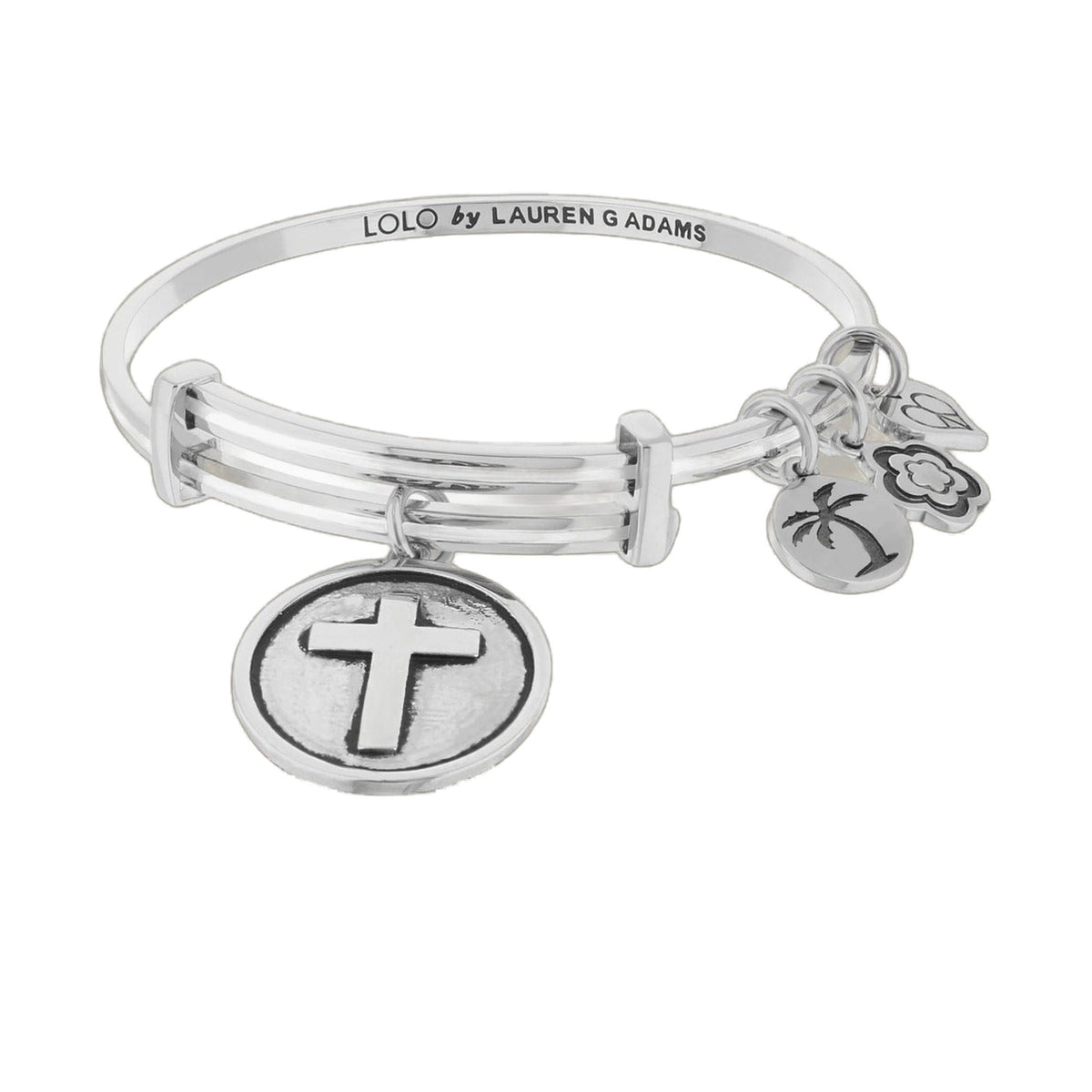 Lolo Cross Bangle by Lauren G Adams, multi-band bracelet with cross and flower charms on Tampa Home & Garden Store