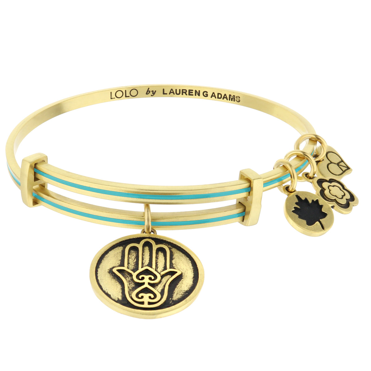 Lolo Hamsa Bangle by Lauren G Adams, gold-tone bracelet with turquoise enamel stripes and hanging Hamsa charms on Tampa Home & Garden Store