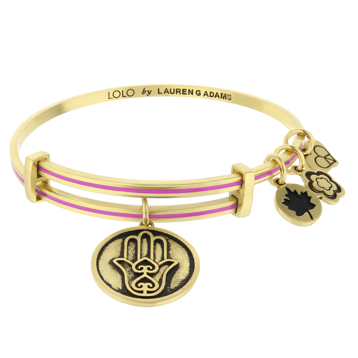 Lolo Hamsa Bangle by Lauren G Adams, gold-tone bracelet with pink enamel and hamsa charms on Tampa Home & Garden Store