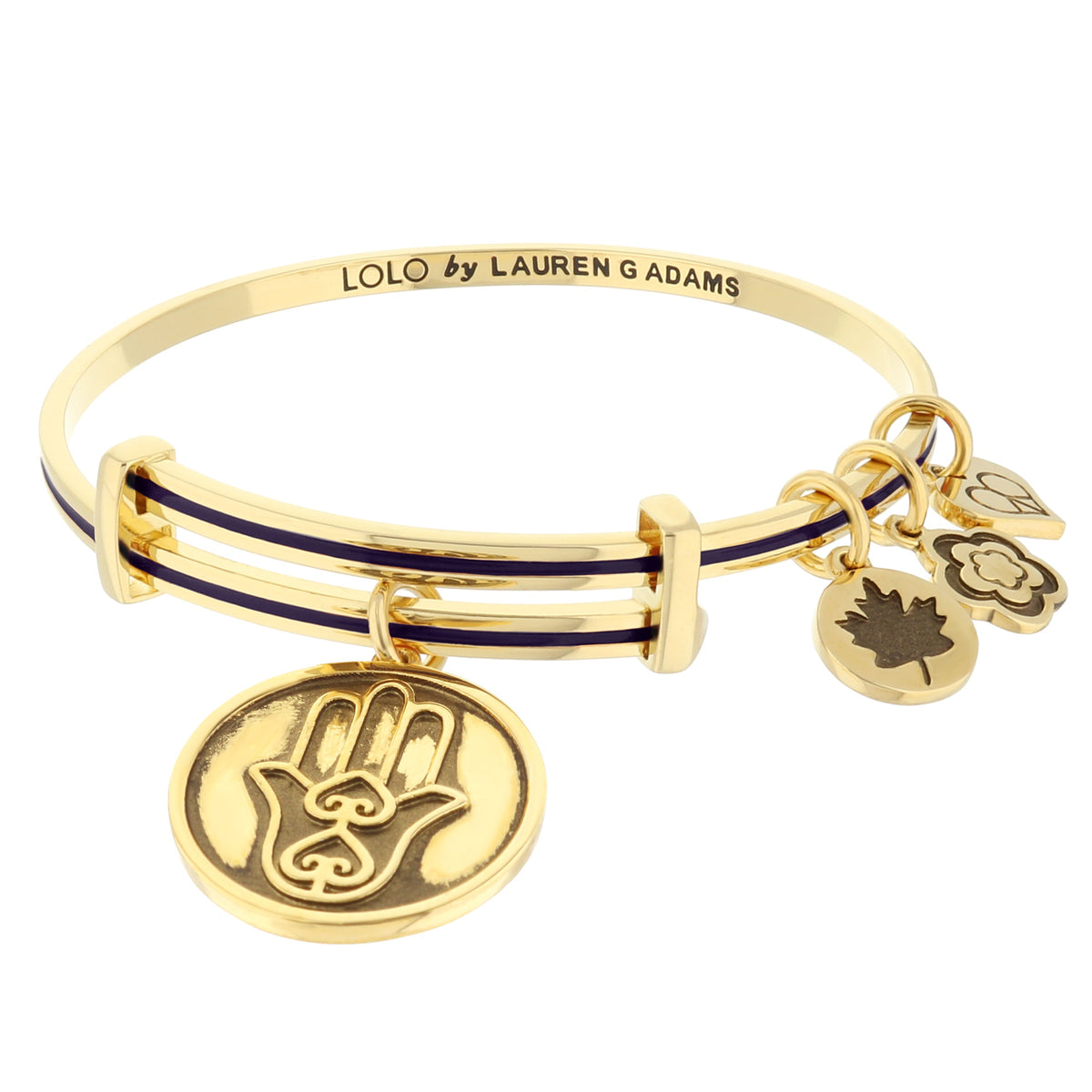 Lolo Hamsa Bangle by Lauren G Adams, gold-tone bracelet with purple stripe and dangling charms on Tampa Home & Garden Store