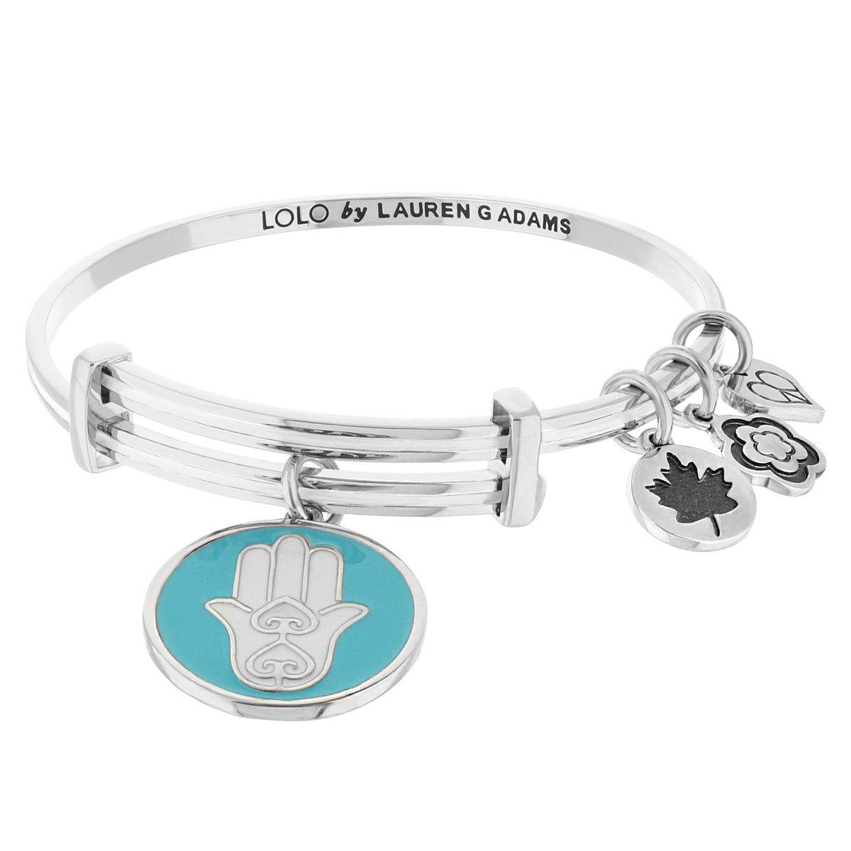 Lolo Hamsa Bangle by Lauren G Adams, turquoise enamel disc charm with white Hamsa on Tampa Home & Garden Store